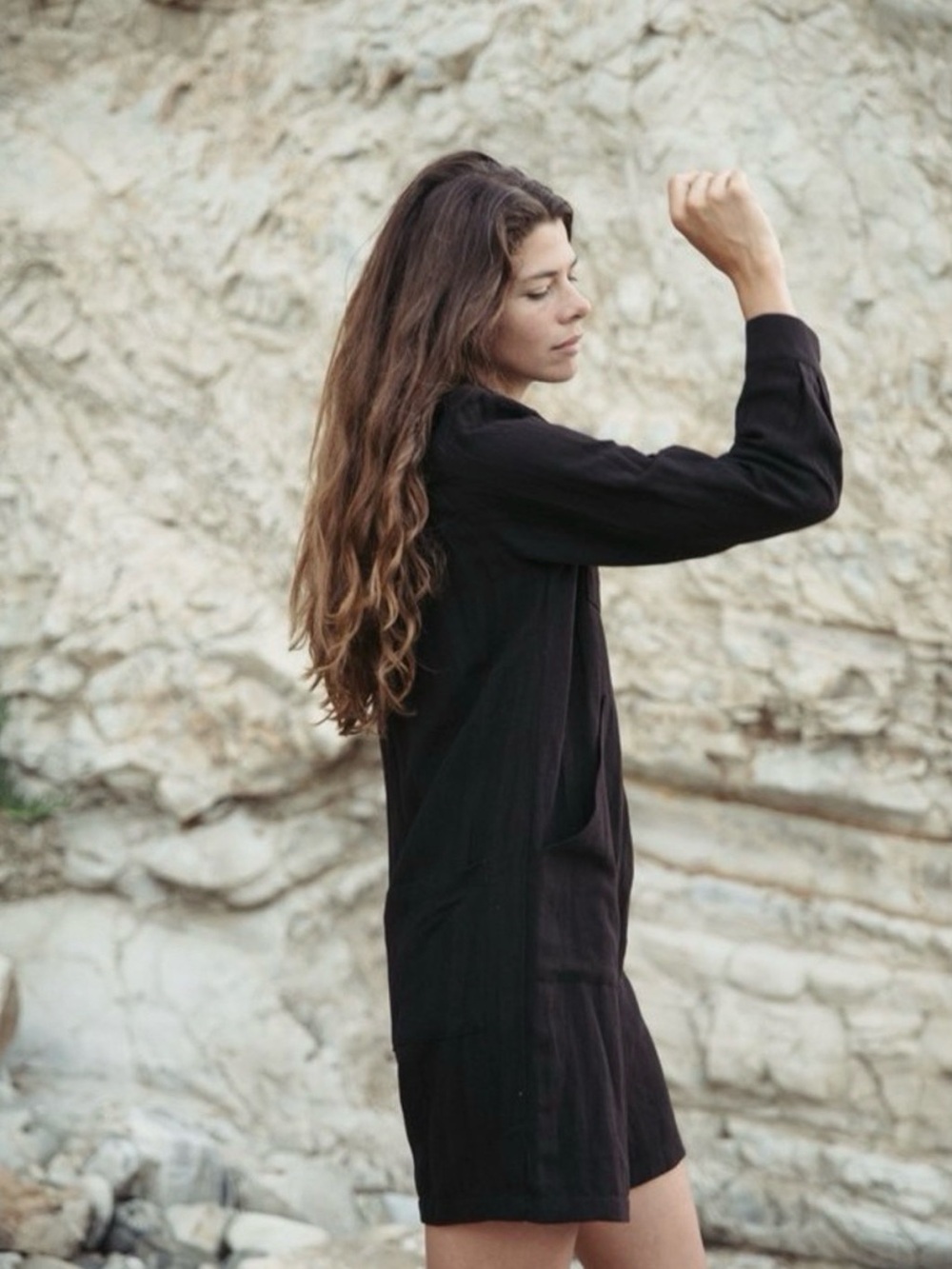 OZMA of California Tangier Black Canvas Button-Front Romper with Pockets - Picture 3 of 8